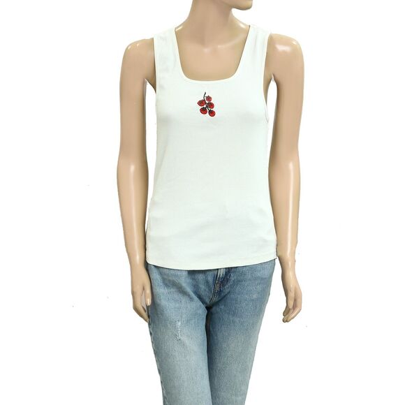 Anthropologie Maeve Embroidered Icon Tank Top Sleeveless Ribbed White S 281544 - Picture 9 of 12